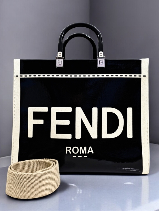 Fendi Handbags - Fendi Medium Sunshine Shopper Black Patent Leather Canvas Trim Tote Shoulder Bag